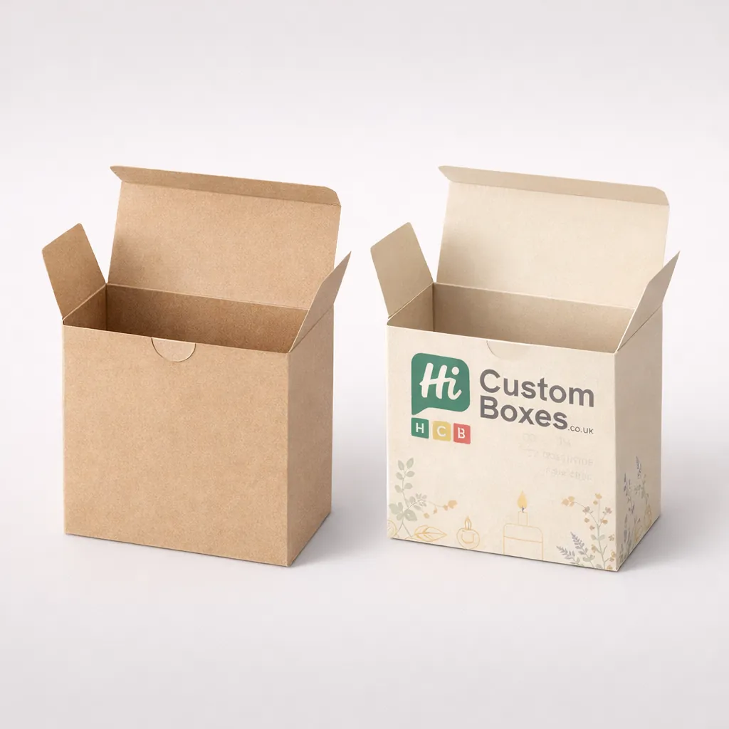 Two upright cardboard tuck-top boxes, one plain brown kraft and one cream with botanical prints. class=